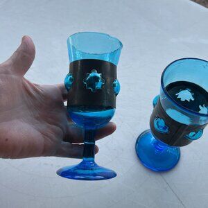 Set of 2 Blue Blown Glass and Metal Wine Glasses